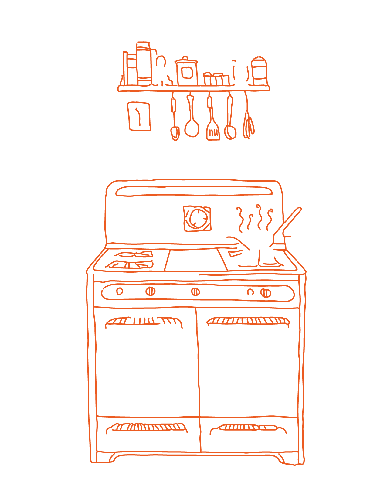 drawing of humble stove with a pot boiling atop. kitchen utensils and cooking agents hanging from the shelves above